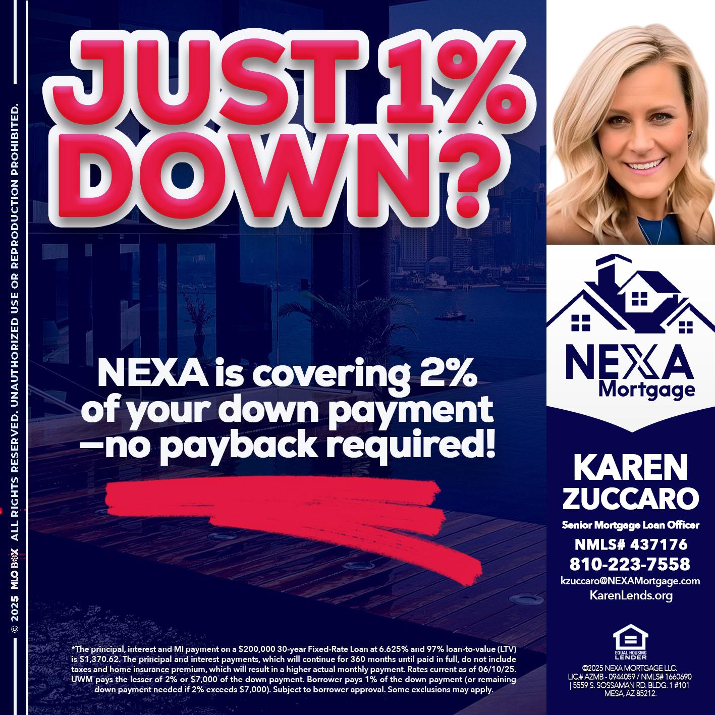 JUST 1% DOWN - Karen Zuccaro -Senior Mortgage Loan Officer