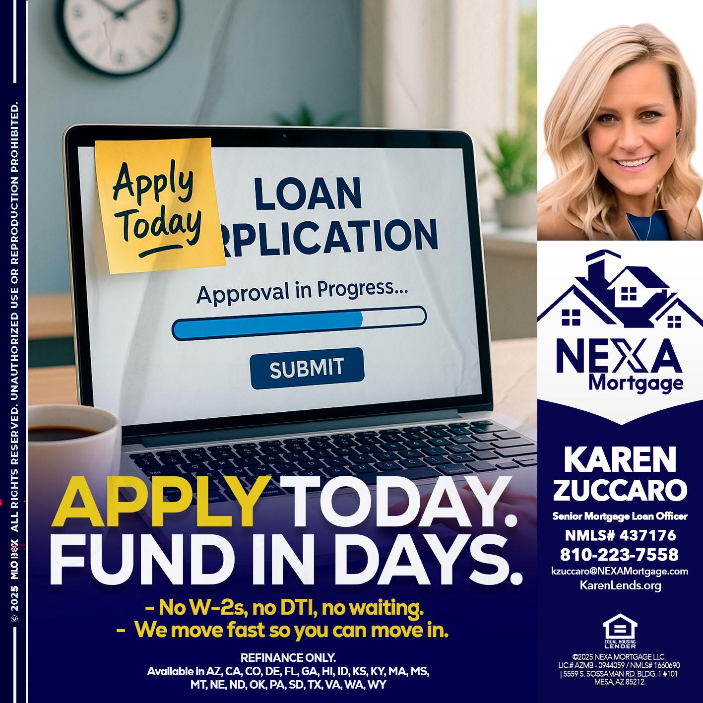 APPLY TODAY - Karen Zuccaro -Senior Mortgage Loan Officer